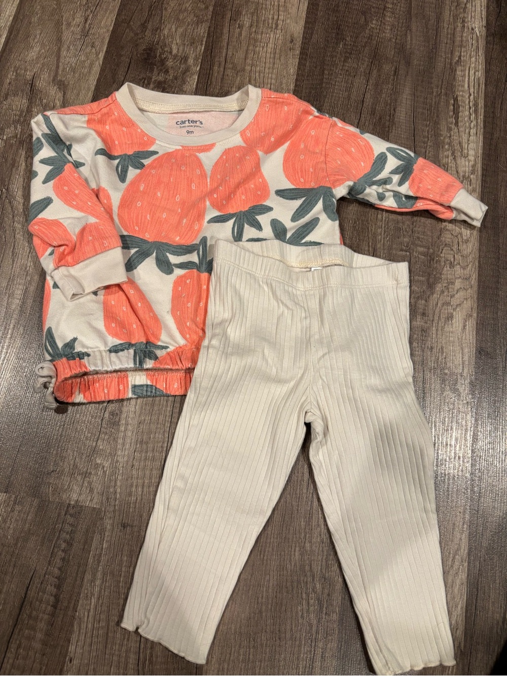 Carter's Coral Fruit Print Top & Cream Ribbed Leggings Pajama Set